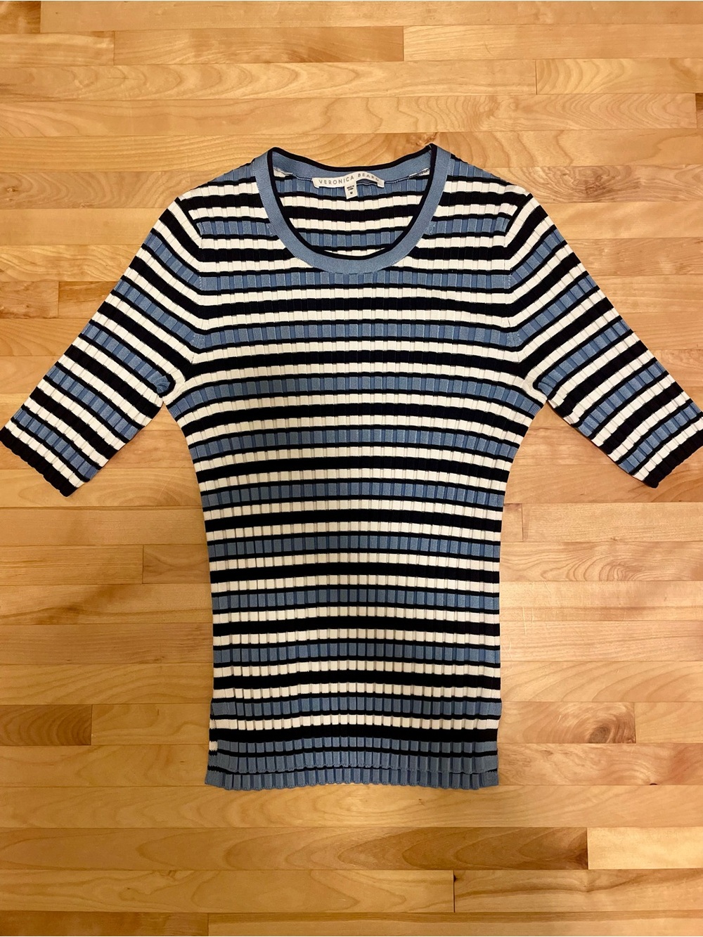 Veronica Beard Striped Ribbed Knit Sweater Top Blue Navy Ivory M